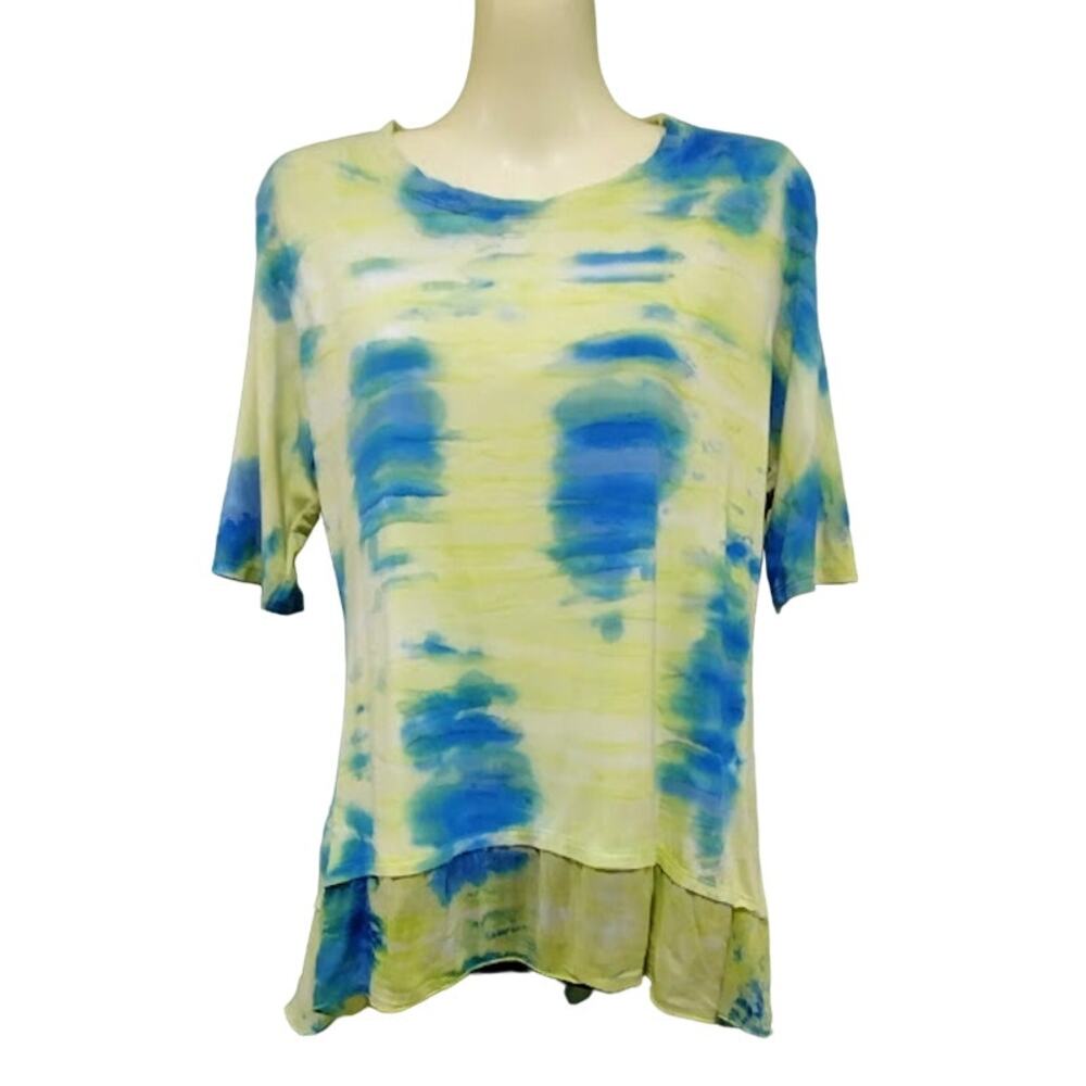 Barbara Lesser Short Sleeve Watercolor‎ Tunic with Ruffled Hem, Size S